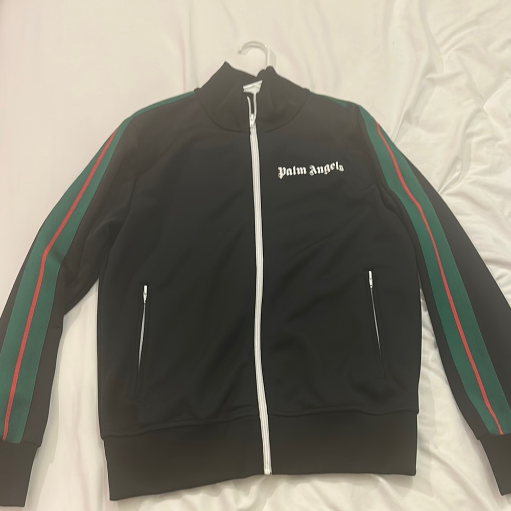 Palm Angels Black Track Jacket with Green and Red Stripes